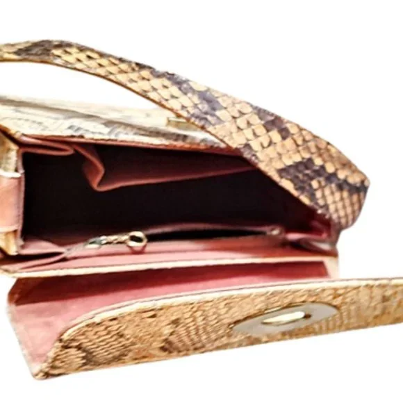 1950s Vintage Genuine Python Snakeskin Top Handle Box Handbag In Tan And Brown - Picture 5 of 7